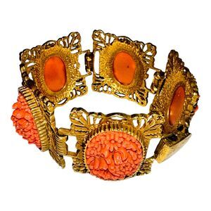 Vintage Rococo Gold-Tone Bracelet with Red Coral Accents - Ornate Design